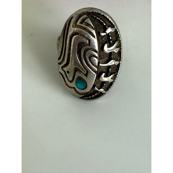 Vintage 60s Navajo Ring Sterling Turquoise Fetish Animals Birds Bears Size 7.25 - Picture 4 of 11